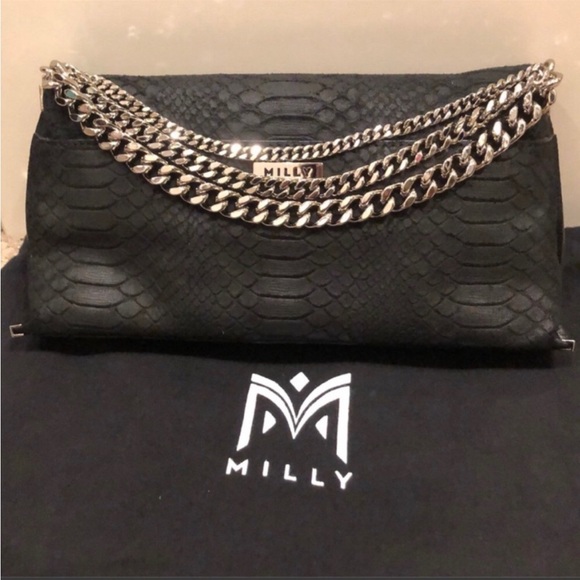 NWT Milly Collins Python-Embossed Suede Clutch Black Bag - Picture 3 of 5